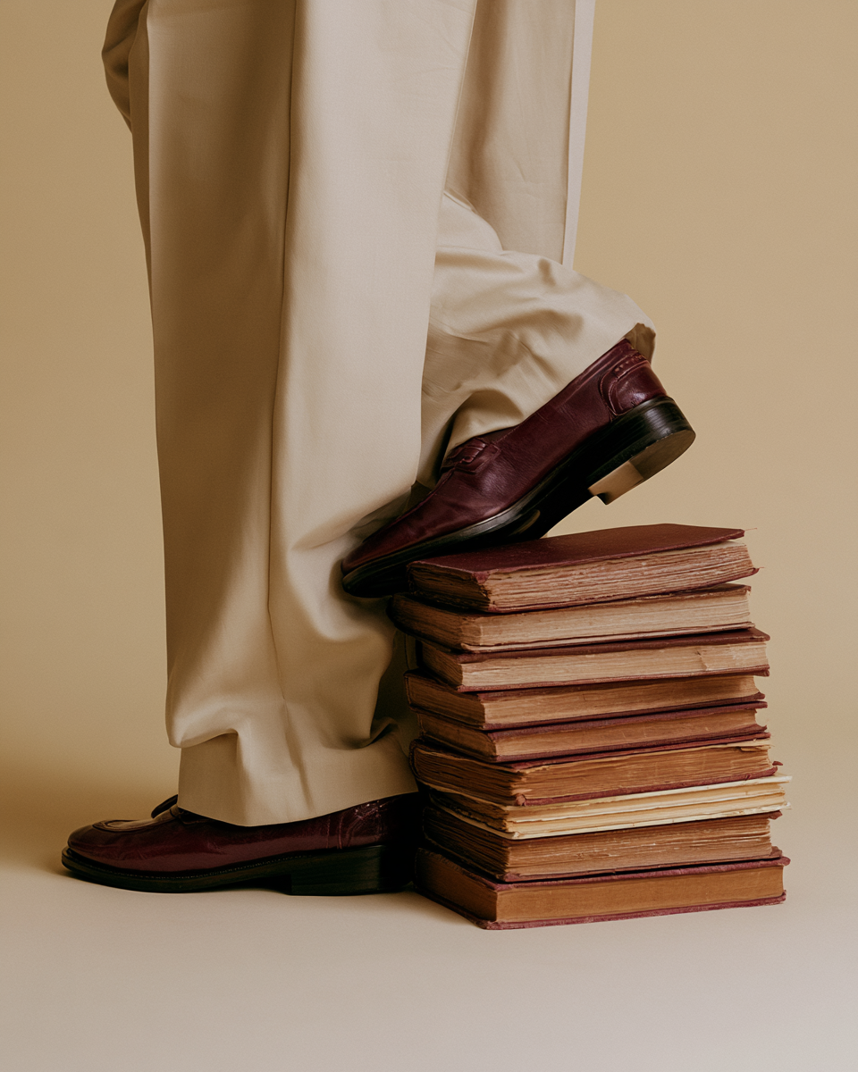 Editorial modefotografi med vinröda loafers vilande på en hög med slitna gamla böcker.