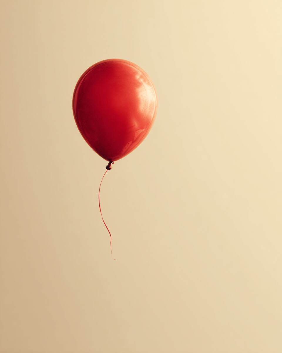 En ensam röd ballong som svävar mot varm elfenbensfärgad bakgrund med mycket luft.