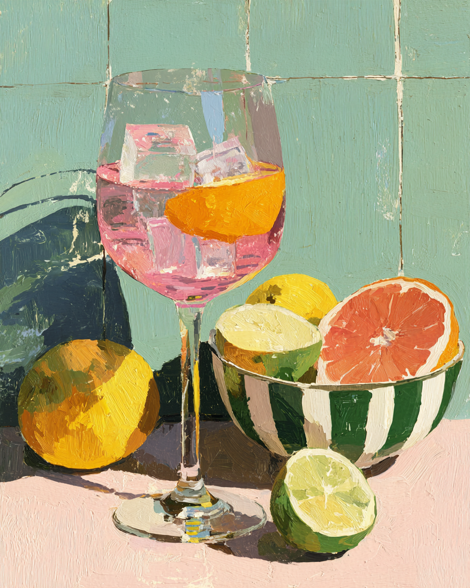 Målerisk poster med rosa spritz, citrusfrukter och randig skål mot turkost kakel.