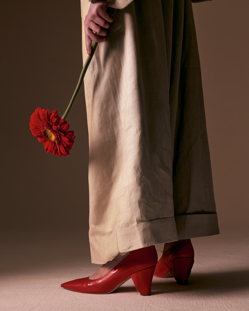 Modeposter med röda klackar, beige linnebyxor och en stor röd gerbera i varmt studiolljus.
