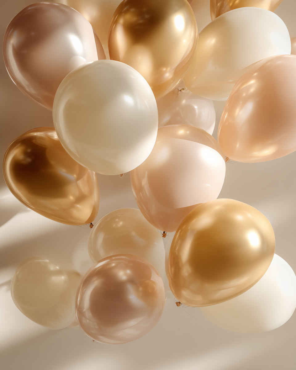 Kluster av ballonger i champagne, guld och ivory toner.
