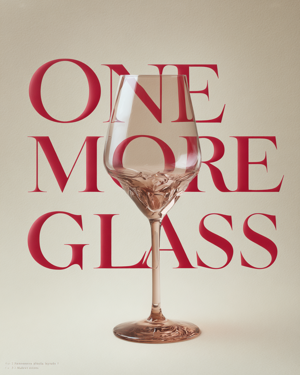 Editorial poster med röd seriftypografi One More Glass och ett rosé-vinglas i mitten.