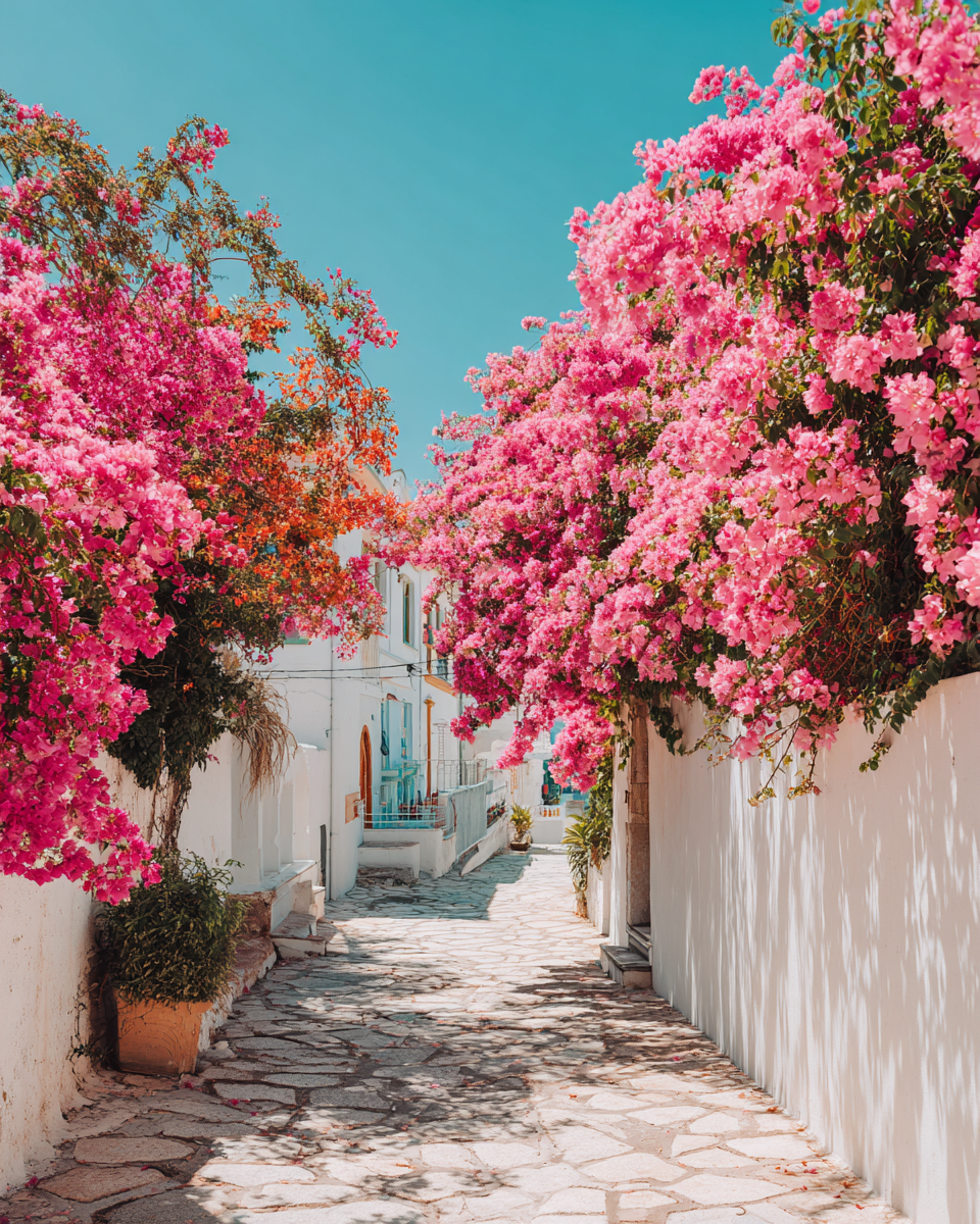 Smalt medelhavsgränd under frodig rosa bougainvillea och klarblå himmel.