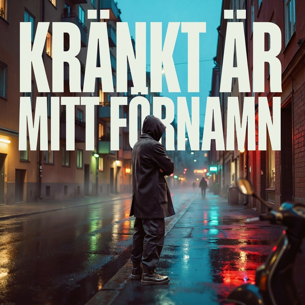 Posterdesign med texten Kränkt är mitt förnamn över en regnvåt stadsgata i skymning.