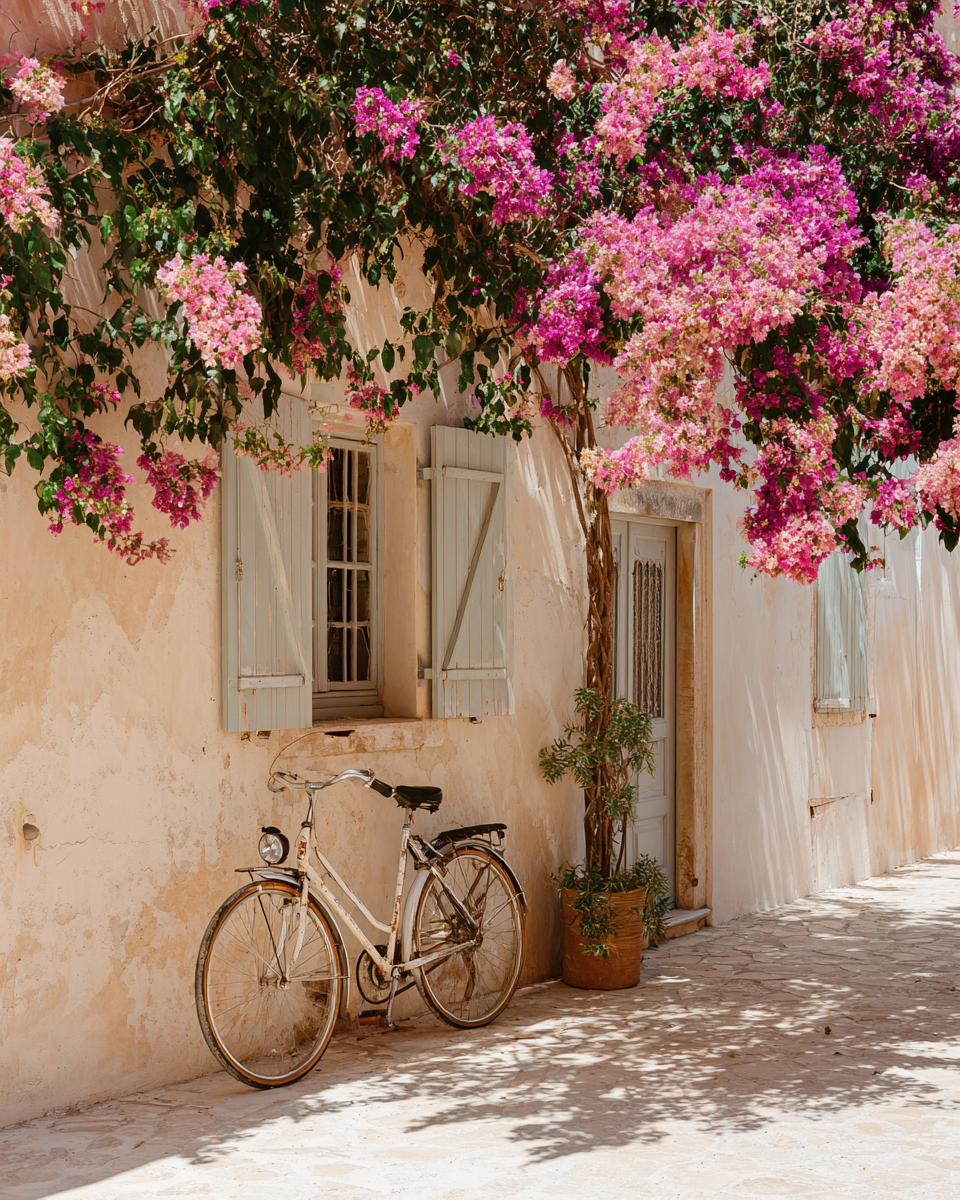 Vintagecykel mot solblekt vägg under blommande bougainvillea i rosa toner.
