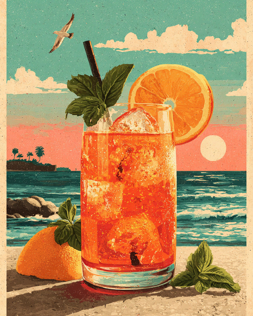 Illustrerad poster med spritzdrink vid havet, mynta, apelsin och solnedgång.